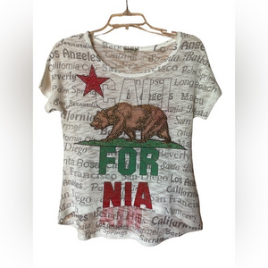 Sweet Gisele Women’s California Flag‎ Print Knit Woven Top Sheer Small USA Made